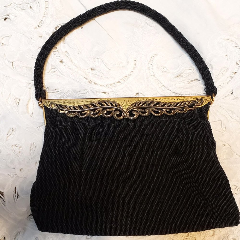 Vintage black beaded  purse w marcasite studded handle.Handmade E Grillot Paris